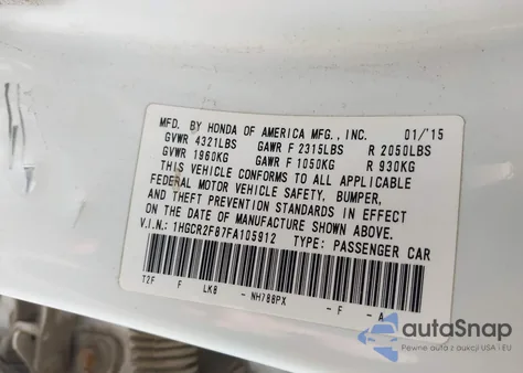 2015 Honda Accord Ex-L z USA, uszkodzony, nr VIN 1HGCR2F87FA105912